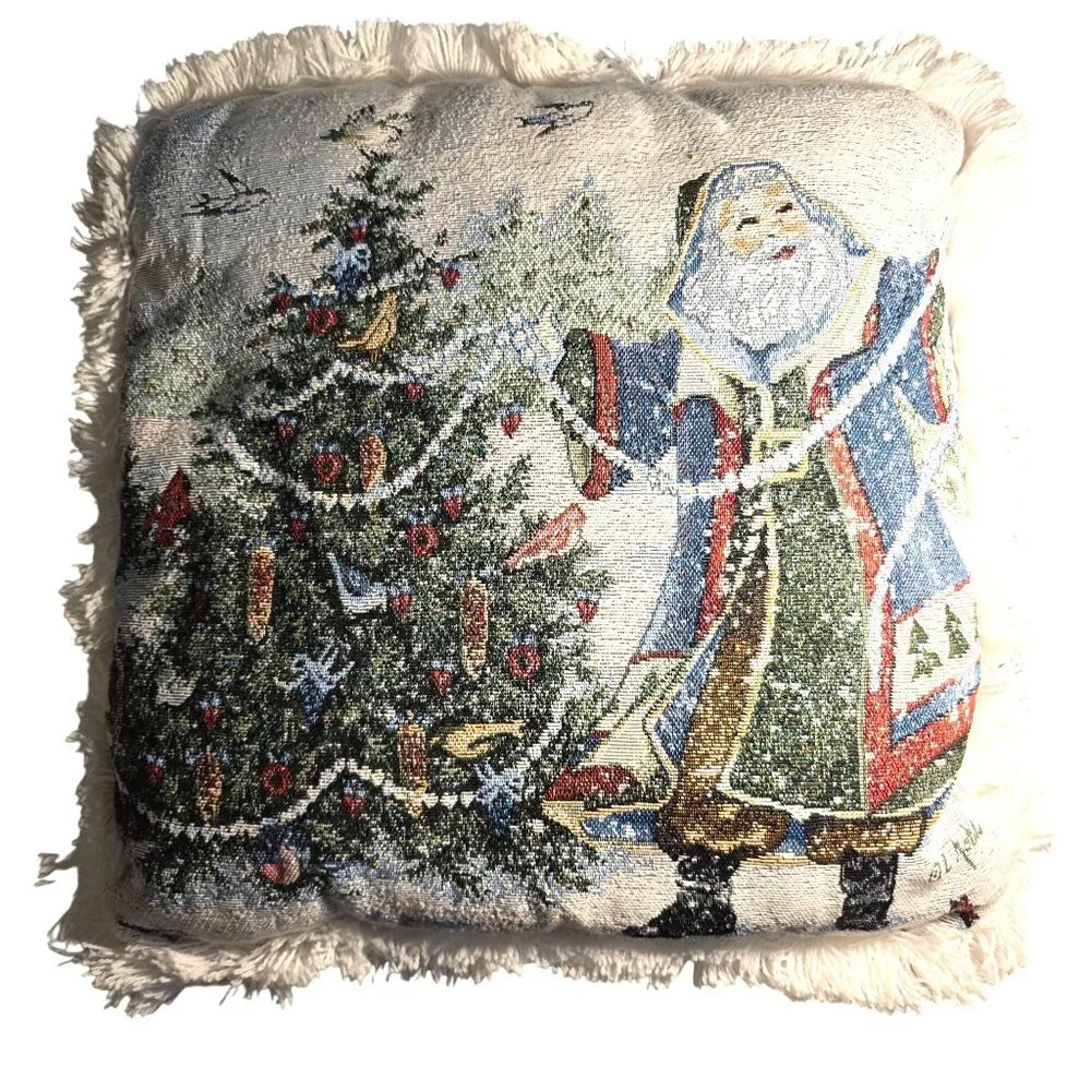 Tapestry Pillow Santa Christmas Tree Fringe old world birds festive snow winter